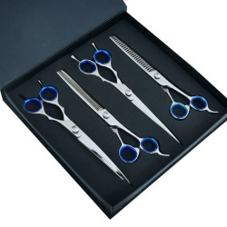 Silver with Blue Rings 8.5” Pet Grooming Scissors Set