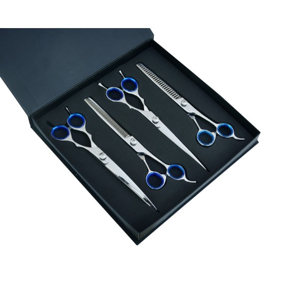 Silver with Blue Rings 8.5” Pet Grooming Scissors Set