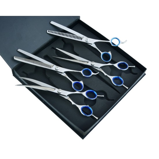 Silver with Blue Rings 8.5” Pet Grooming Scissors Set